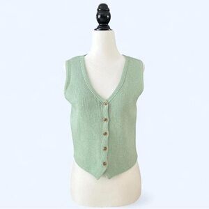 Sincerely Jules Women’s Mint Green Knit Cottagecore Button Up Sweater Vest